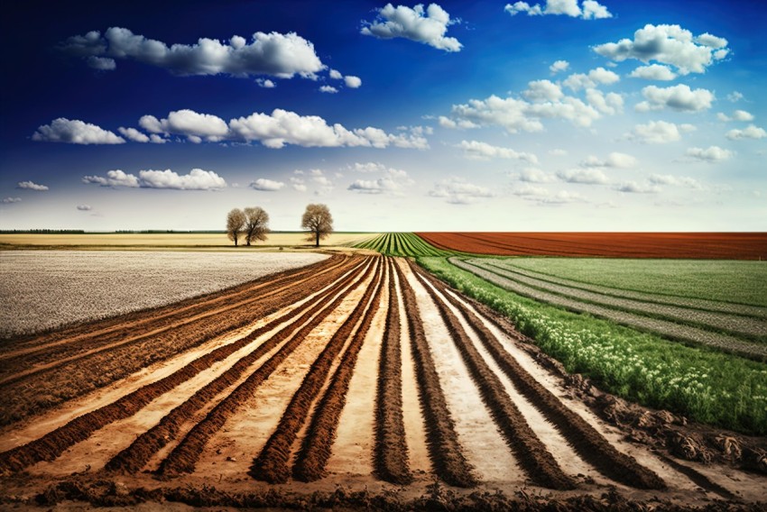 Plowed Fields with Sky and Clouds - Bold Colorful Lines