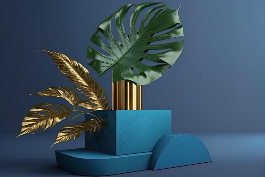 Blue Pedestal with Gold Leaves: 3D Rendering of Asymmetrical Composition