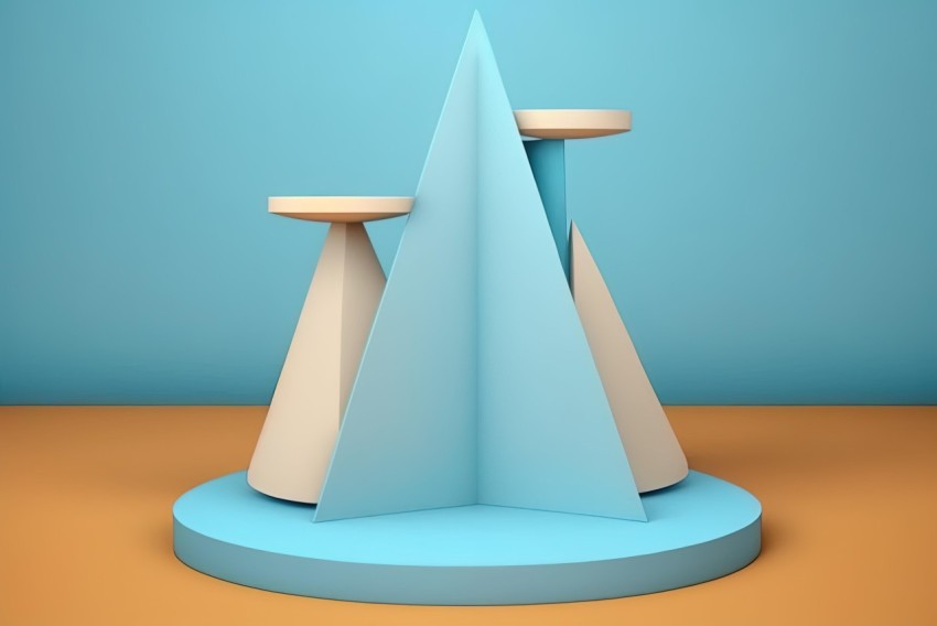Minimalist Stage Design with 3D Cones on Blue Background