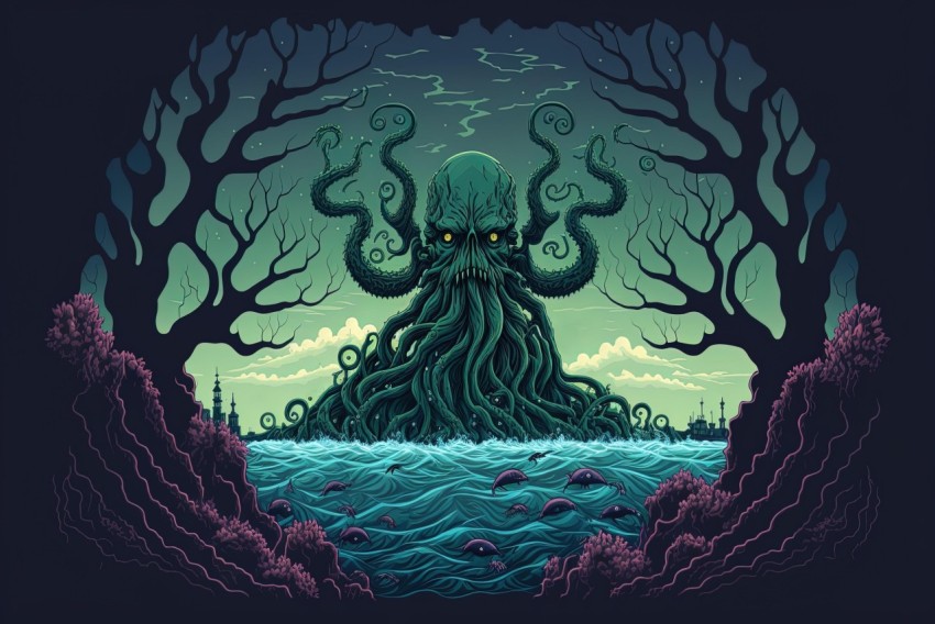 Dark Cyan and Green Octopus Illustration in Ominous Landscape
