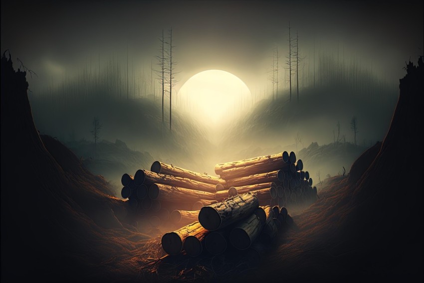 Log Piles at Night in the Forest with Glowing Sky - Surreal and Decaying Landscapes