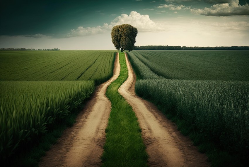 Surrealistic Tree on a Countryside Dirt Road | Green and Emerald Tones