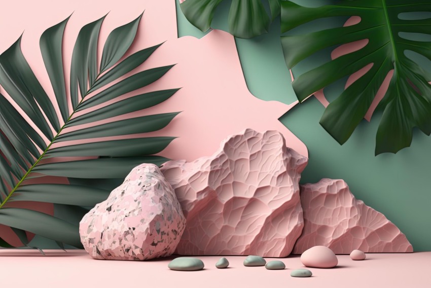 Artistic Pink Background with Palm Leaves and Green Rocks