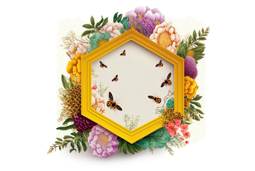 Colorful Flower Frame with Bees and Insects - Hyperrealistic Fauna Inspired Decor