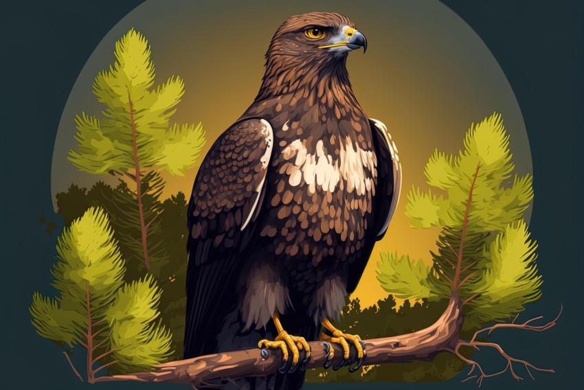 Brown Eagle Sitting on Branch with Pine Trees - Cartoon Realism