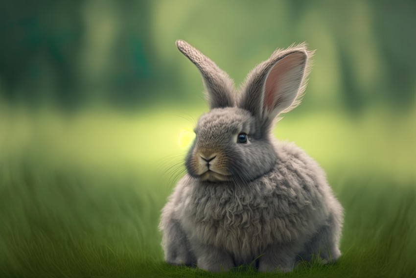 Realistic Gray Rabbit Sitting in Green Grass - Hyper-Detailed Rendering