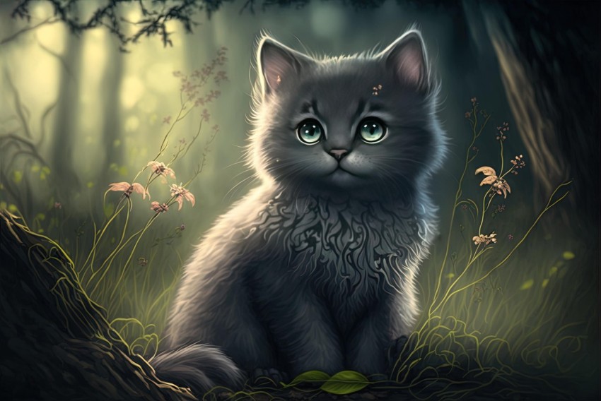 Black Kitten Sitting in Dark Forest - Detailed Character Illustration
