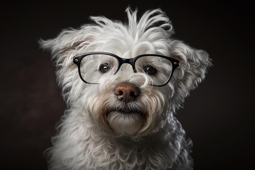 White Dog with Glasses - Quirky Portraits - American Barbizon School