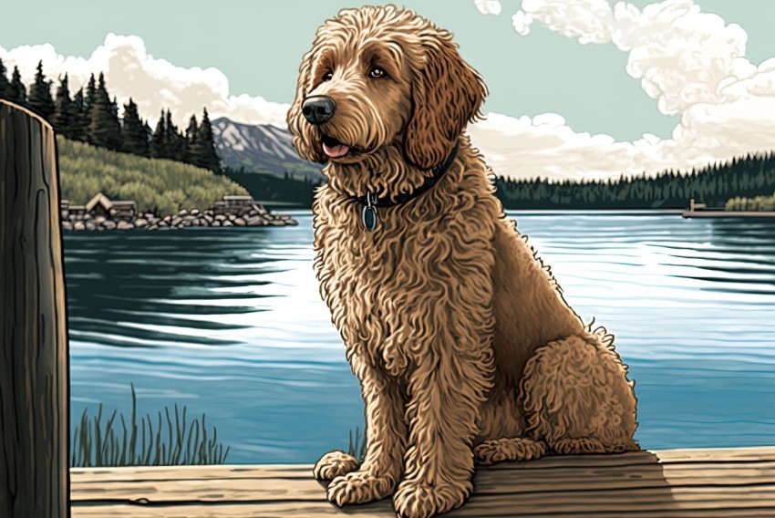 Golden Retriever Illustration near Lake | Whistlerian Style