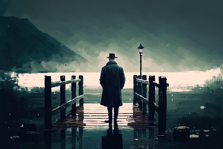 Man in Coat by the Lake on the Pier - Concept Art in Dark Cyan