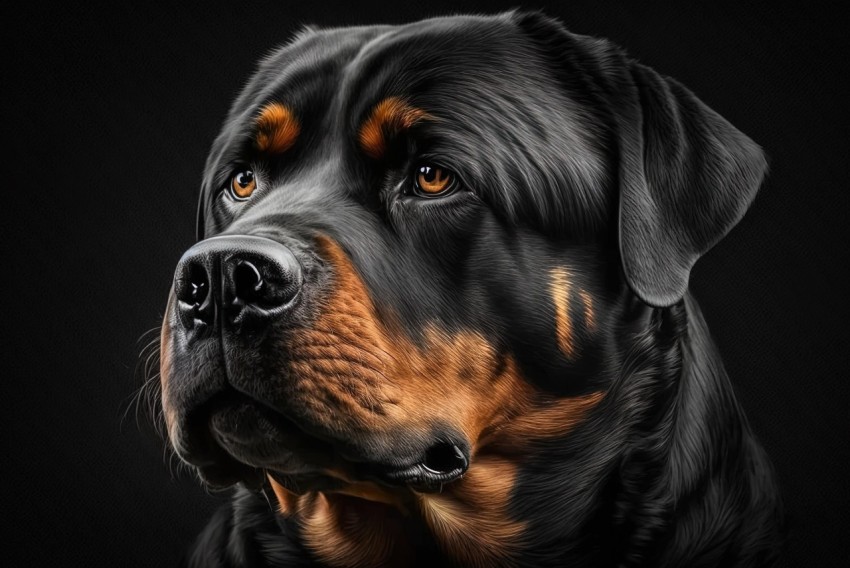 Realistic Portrait of a Black Rottweiler Dog on Black Background