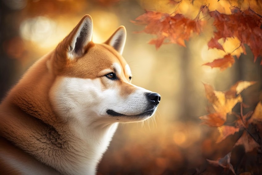 Cute Shiba Inu Dog in Forest with Fall Leaves - Hyper-Realistic Portraiture