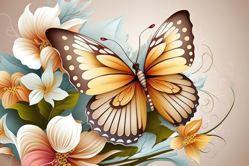 Butterflies and Flowers - Realistic Illustrations in Beige and Amber