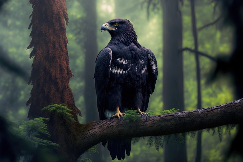 Majestic Black Eagle Perched in Forest | Realistic Rendering
