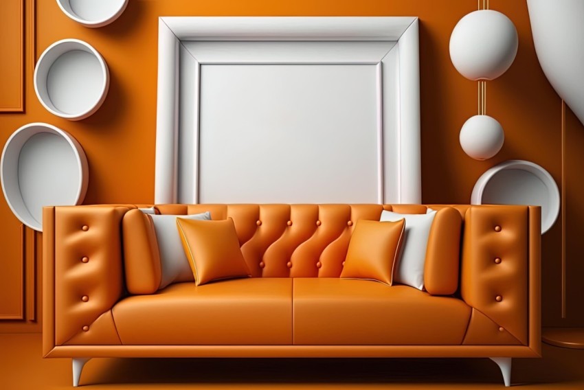 Striking 3D Rendered Sofa with Orange Frame | Monochromatic Color Scheme