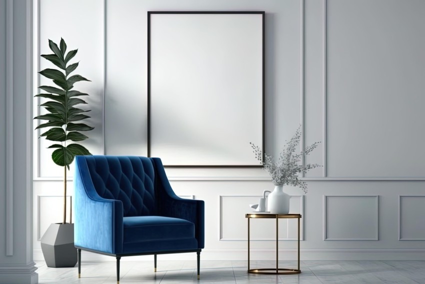 Elegant Blue Velvet Chair with Frame - High-Resolution Decor