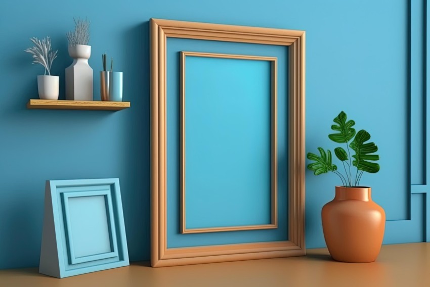 Artistic Blue Wall Decor with Objects and Ornaments