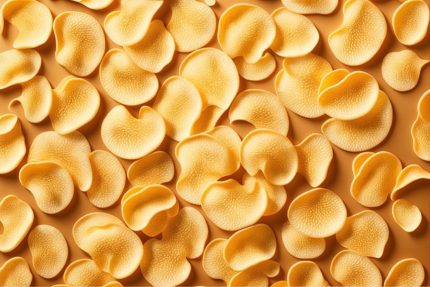 Scattered Composition of Sliced Potato Chips on Brown Background