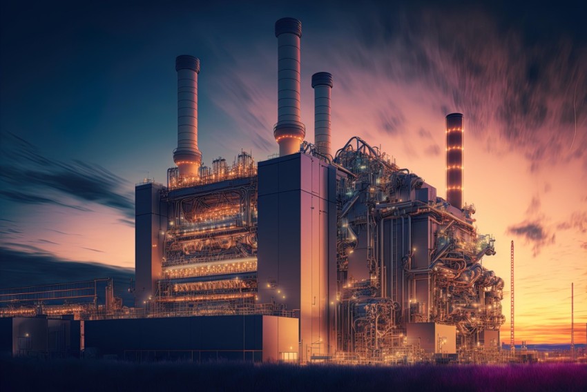 Modern Industrial Power Plant at Sunset - Detailed Illustrations