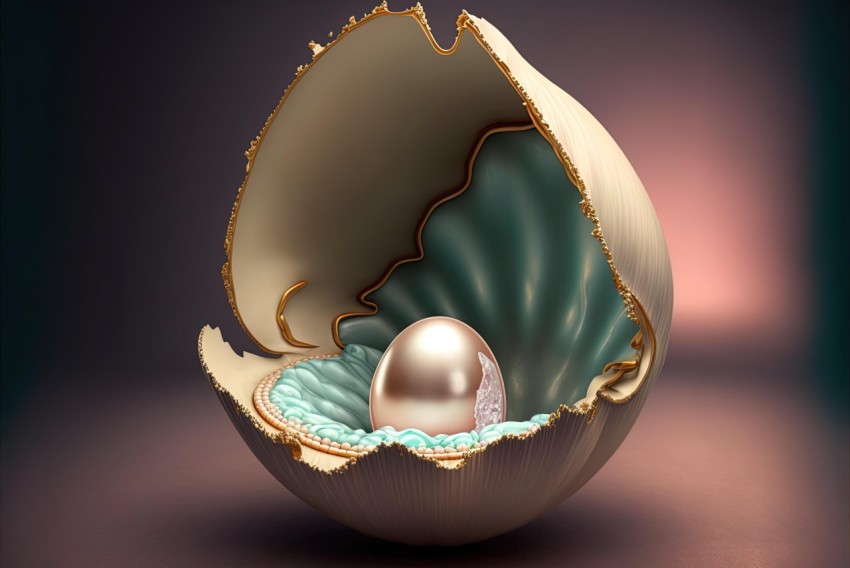 Nestled Pearl inside Egg | Light Cyan & Bronze | Zbrush Artwork