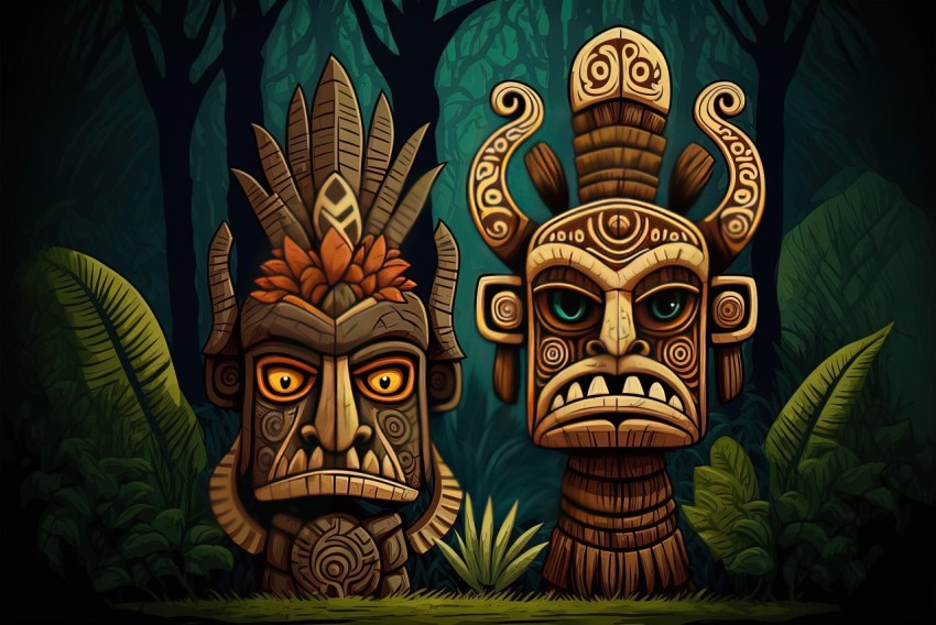 Exquisite Tiki Masks in Dark Jungle - 2D Game Art Illustration