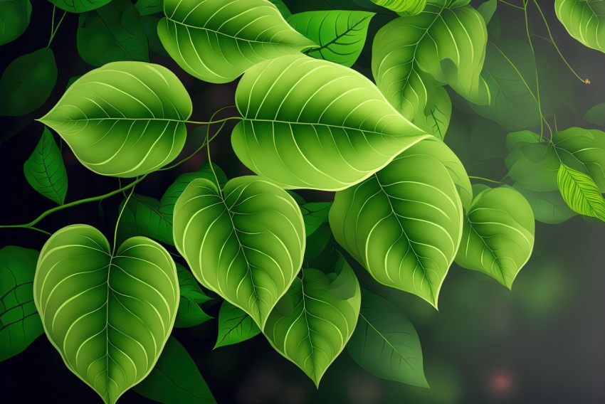 Green Leaves with Realistic Lighting on Dark Backgrounds - Detailed Illustration