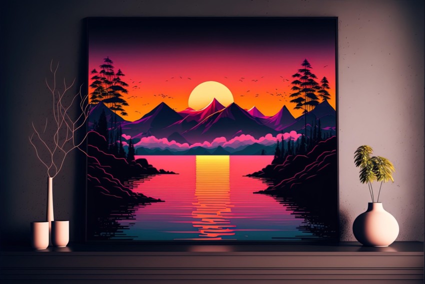 Orange Sunset Painting | Retrowave Style | Highly Detailed Illustration