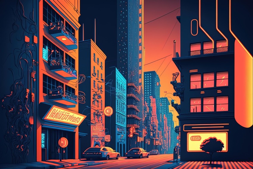 City Street in a Neon World - Hyper-Detailed Illustrations