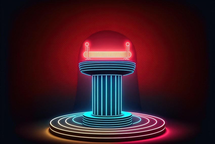 Neon Retro Pillar with Microphone - Futuristic Art Deco Design