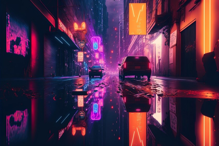 Neon Cars in the City at Night | Cyberpunk Futurism
