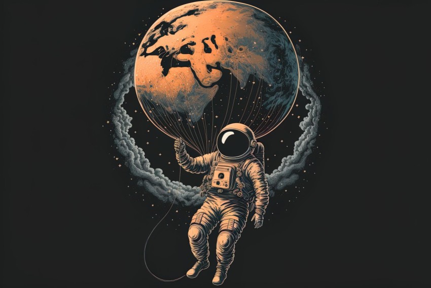 Astronaut Flying to the Moon - Intricate and Bizarre Illustration