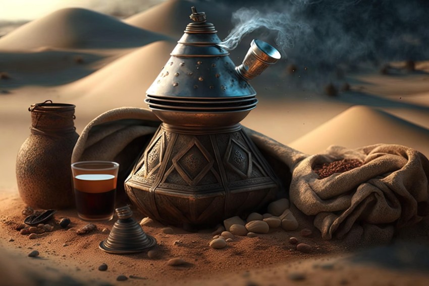Teapot in the Desert - Photorealistic Scene with Lively Tavern Vibes
