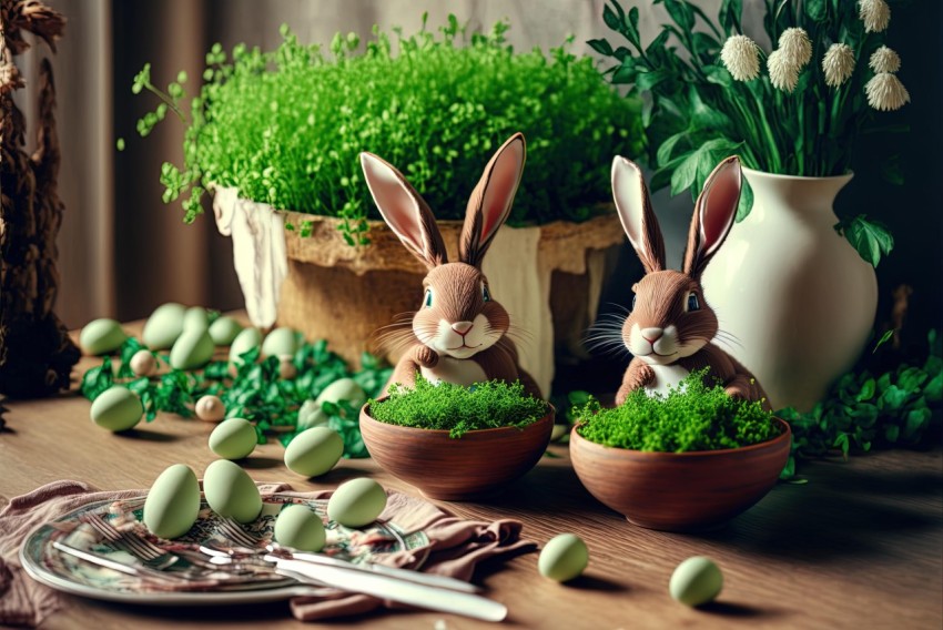 Extravagant Table Settings with Easter Bunnies in a Vase