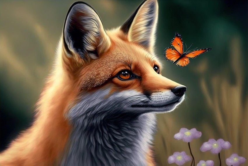 Realistic Painting of a Red Fox with Butterfly