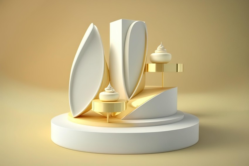 Silver Sculpture of White Desserts | Vray Style | Golden Light