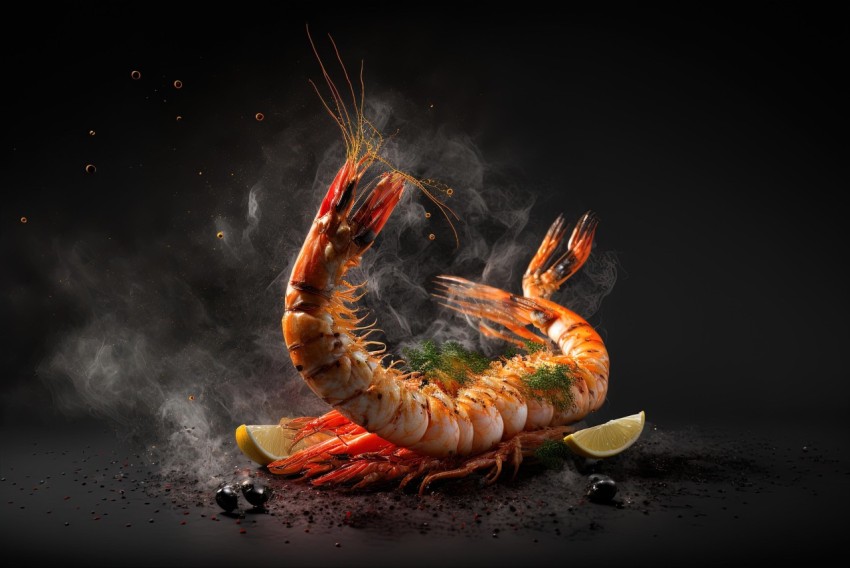 Photorealistic Shrimp in Liquid Fire on Dark Background with Smoke