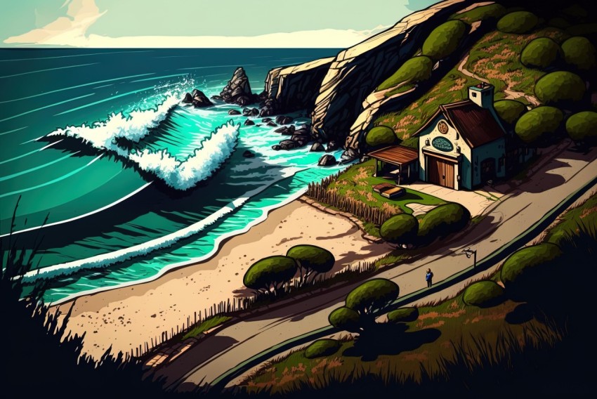 Hyper-Detailed Illustration of a House on the Ocean with a Cliff Background