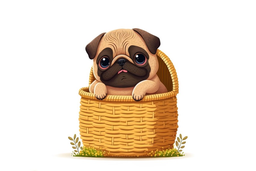Charming Pug Dog in Basket Illustration | Detailed Character Art