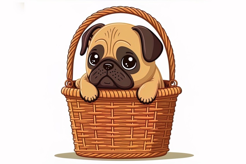 Cartoon Pug Dog in Basket - 2D Game Art Illustration