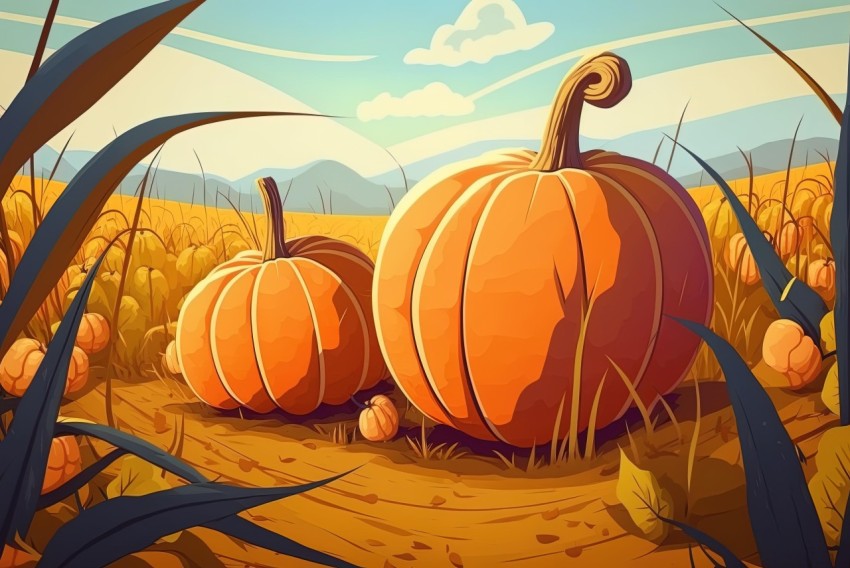 Cozy Autumn Illustration: Pumpkins on a Field in 2D Game Art Style