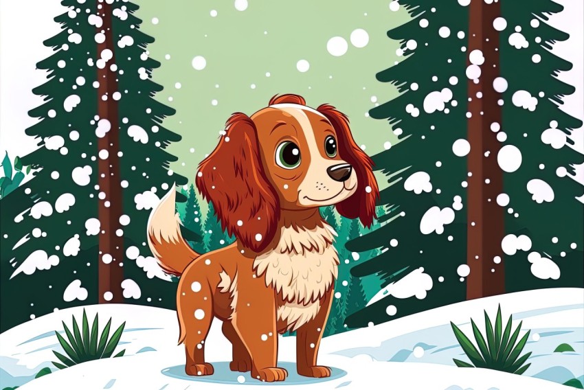 Cartoon Dog in Snowy Scene with Trees - Warm Color Palette