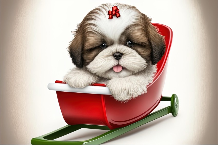 Small Shihtzu Puppy in Red Sleigh on White Background | Playful Character Designs