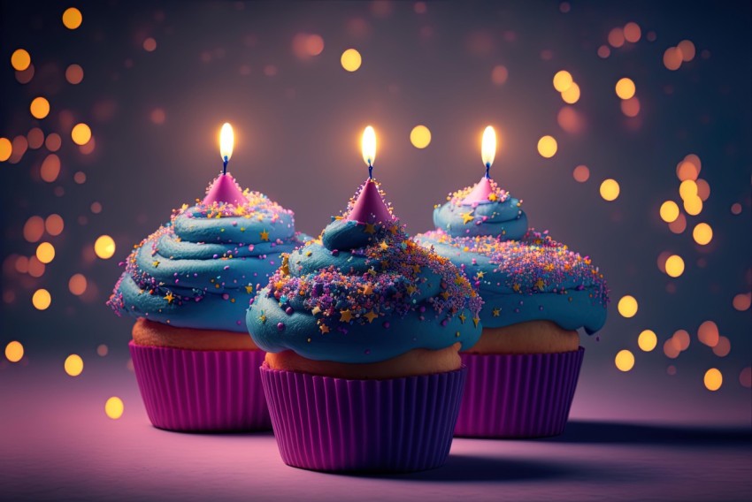 Cupcakes with Candles and Lights on a Purple Background