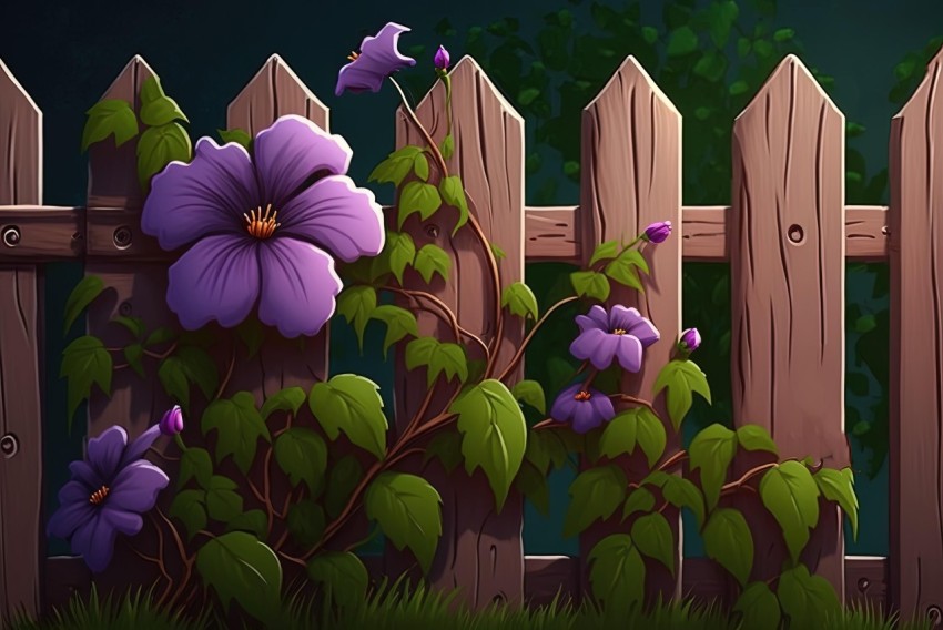 Purple Flowers near Wooden Fence at Night | 2D Game Art Sketches