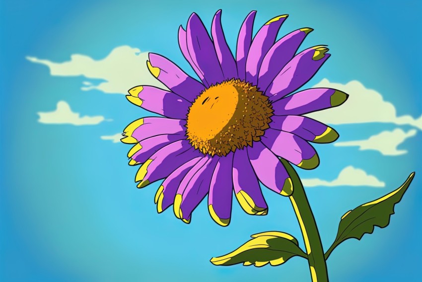 Purple Flower on Blue Sky Background - Cartoon Realism Art