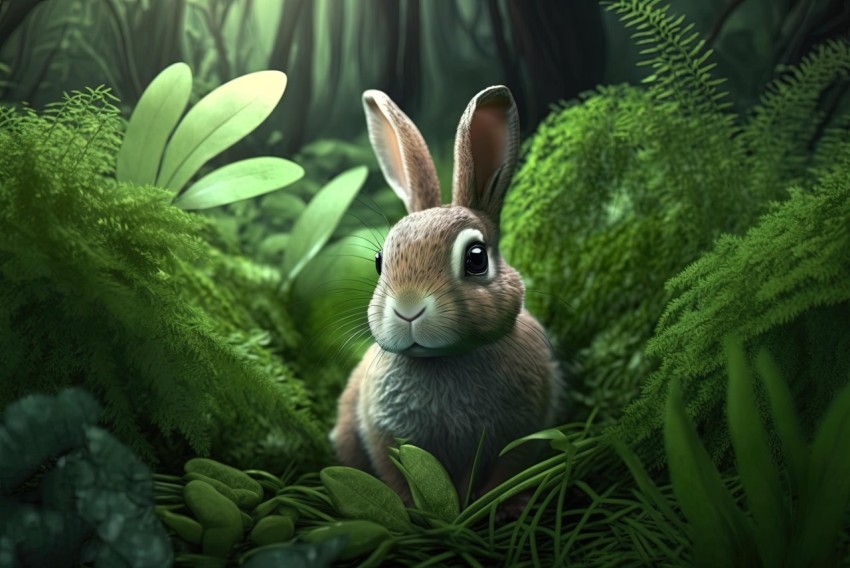 Hyper-realistic Rabbit on Green Grass in Forest Wallpaper