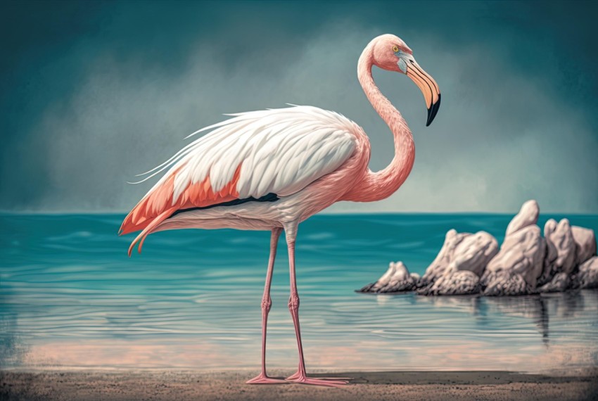 Pink Flamingo Illustration by the Water | Realistic Stylized Art