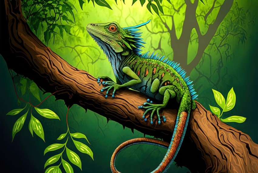 Lizard on Tree Branch in Vibrant Illustration Style - Hyper-Detailed