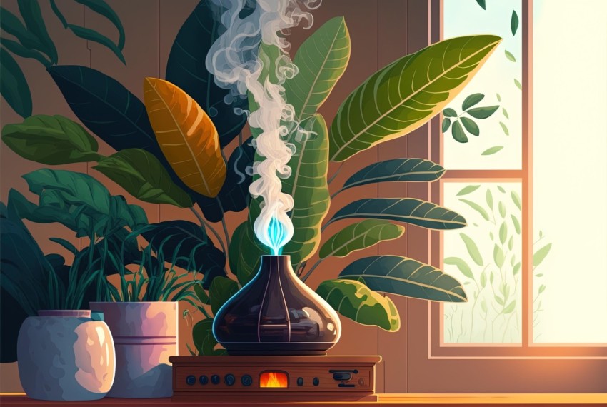 Humidifier with Plant Illustration in Vibrant Style
