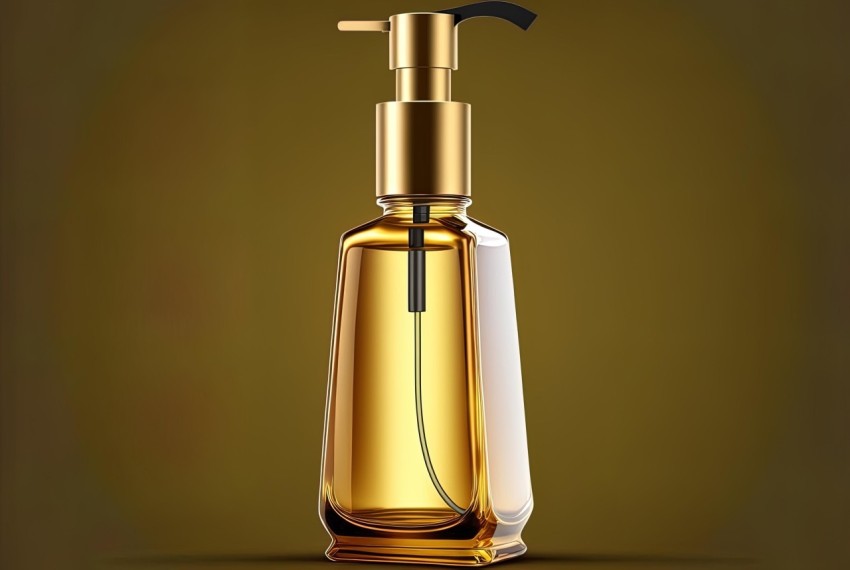 Golden Bottle of Cosmetic Oil on Brown Background | Realistic Rendering